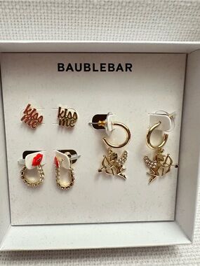 BaubleBar Gold Cupid & Red Accent Earring Set 3 pair